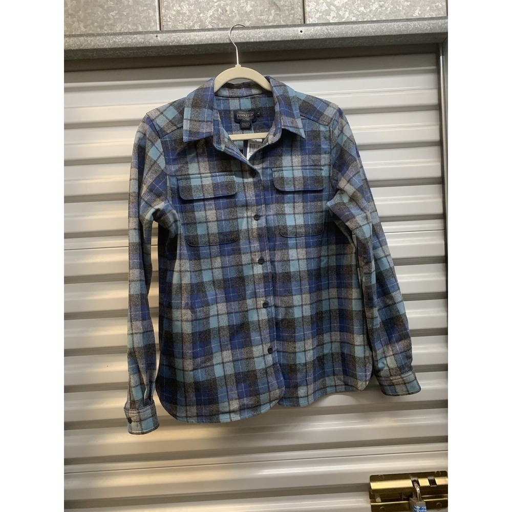 Pendleton Icons Umatilla Plaid Wool Shirt Jacket Blue Gray Womens Medium TM391